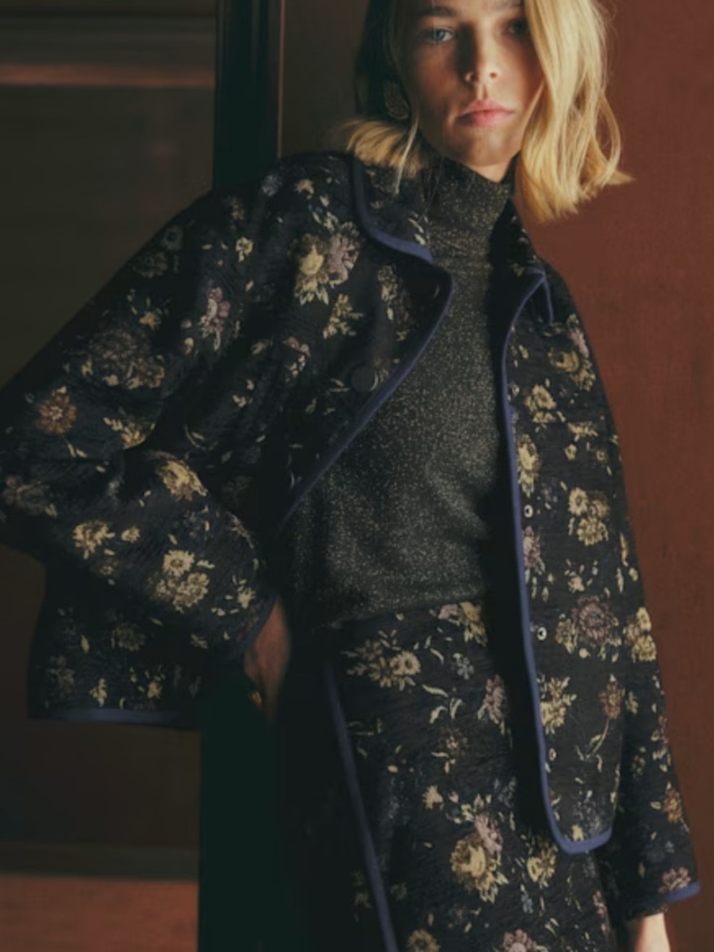 Sezane Navy Floral Quilted Bomber Jacket